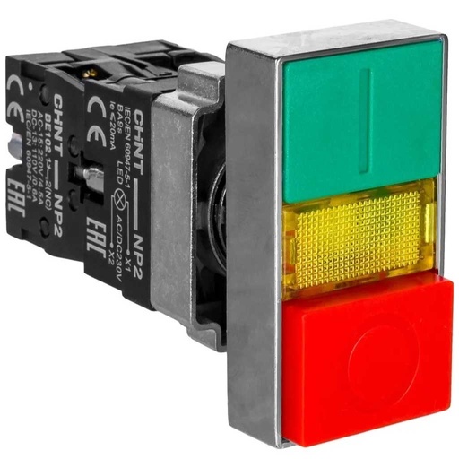 [NP2-BL8425L] NP2-BL8425L — BOTON PULSADOR DOBLE CON LED, ROJO/VERDE1NA+1NC 22mm METALICO *NO SON A PRUEBA DE EXPLOSION*